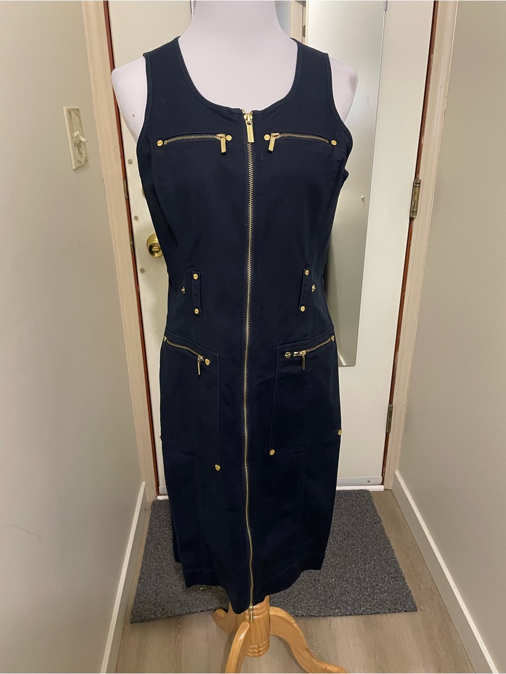 Michael Kors Navy Sleeveless Zip-Front Dress with Gold Hardware